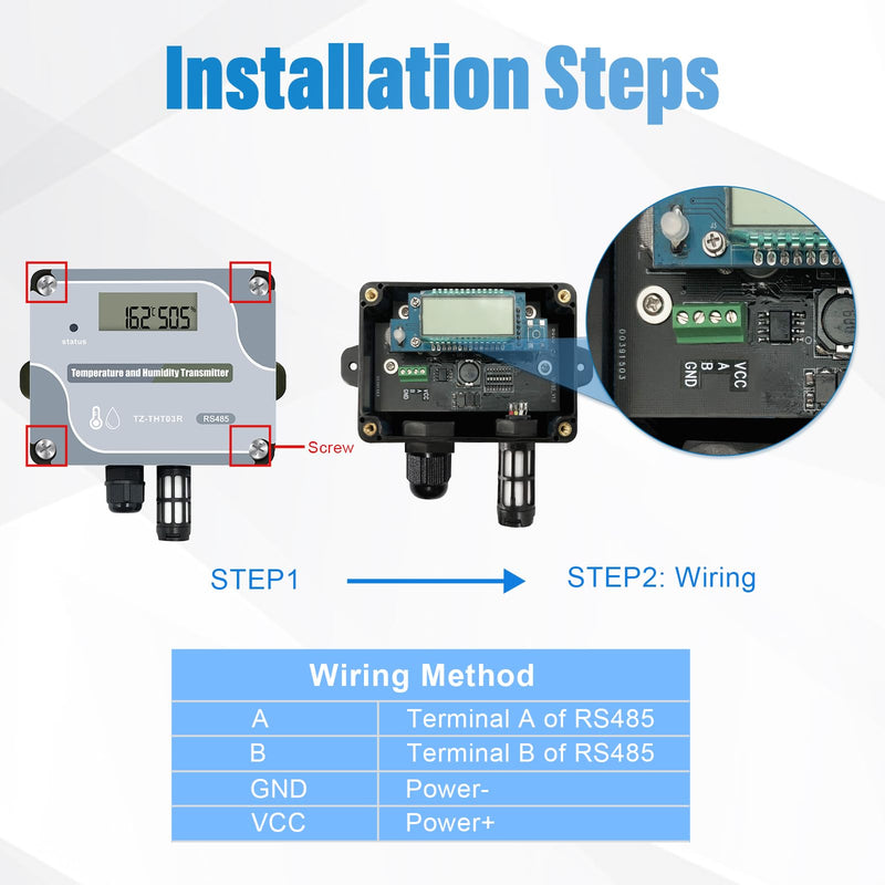 Tzone RS485 Temperature Humidity Sensor Modbus RTU Temp Sensor Digital Industrial Temp and Humidity Transmitter Wall Mounted,-40℉ to 257℉ Temperature Probe Analog Moisture Monitor Greenhouse Grow Tent THT03R RS485 Output