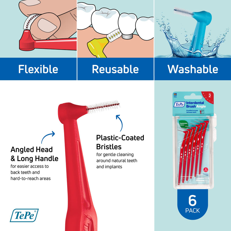 [Australia - AusPower] - TEPE Interdental Brush Angle, Angled Dental Brush for Teeth Cleaning, Pack of 6, 0.5 mm, Extra-Small/Small Gaps, Red, Size 2 