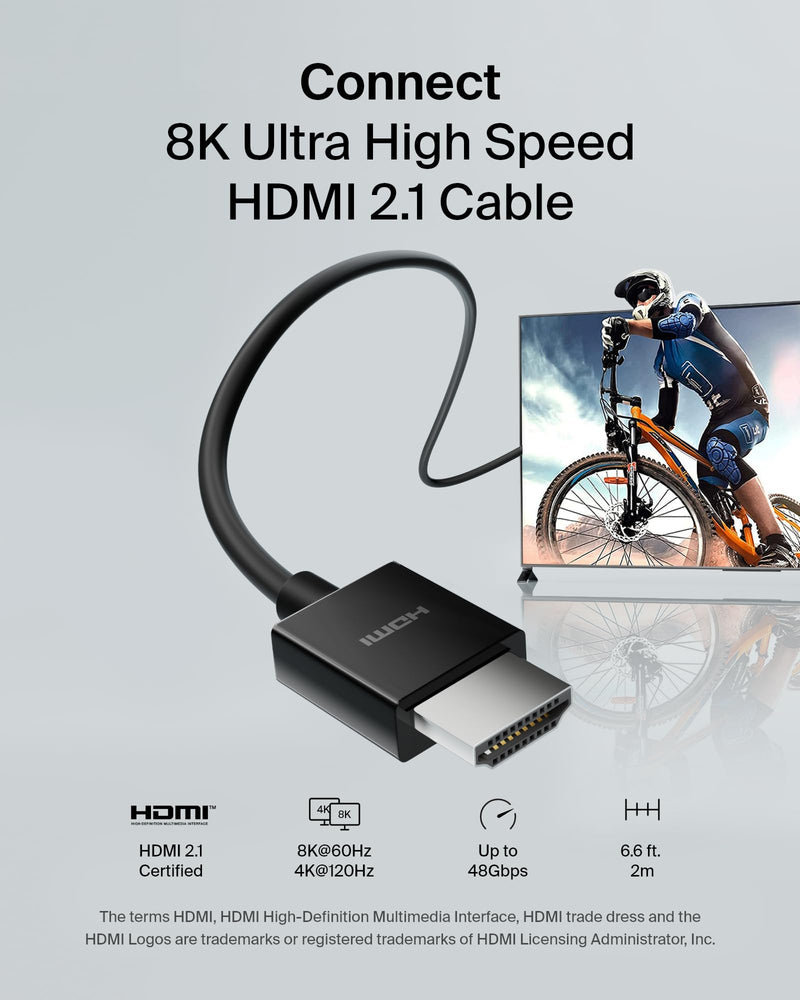 Belkin Ultra HD HDMI 2.1 Cable 6.6ft/2M, 4K Ultra High Speed HDMI Cable, 48Gbps HDMI 2.1 Cord, Dolby Vision HDR & 8K @60Hz, 10K Streaming - Compatible w/ Playstation, PS4, PS5, Xbox Series X, & More 6.6ft PVC Cable