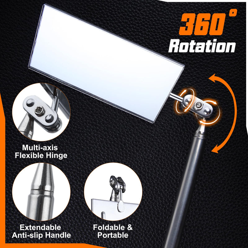 [Australia - AusPower] - Telescoping Auto Inspection Mirror 360° Swivel Head Rectangular Mechanic Mirror Extendable Mirror Up to 19.5" Long Inspection Mirror on a Stick for Checking Observe Vehicle and Small Details 