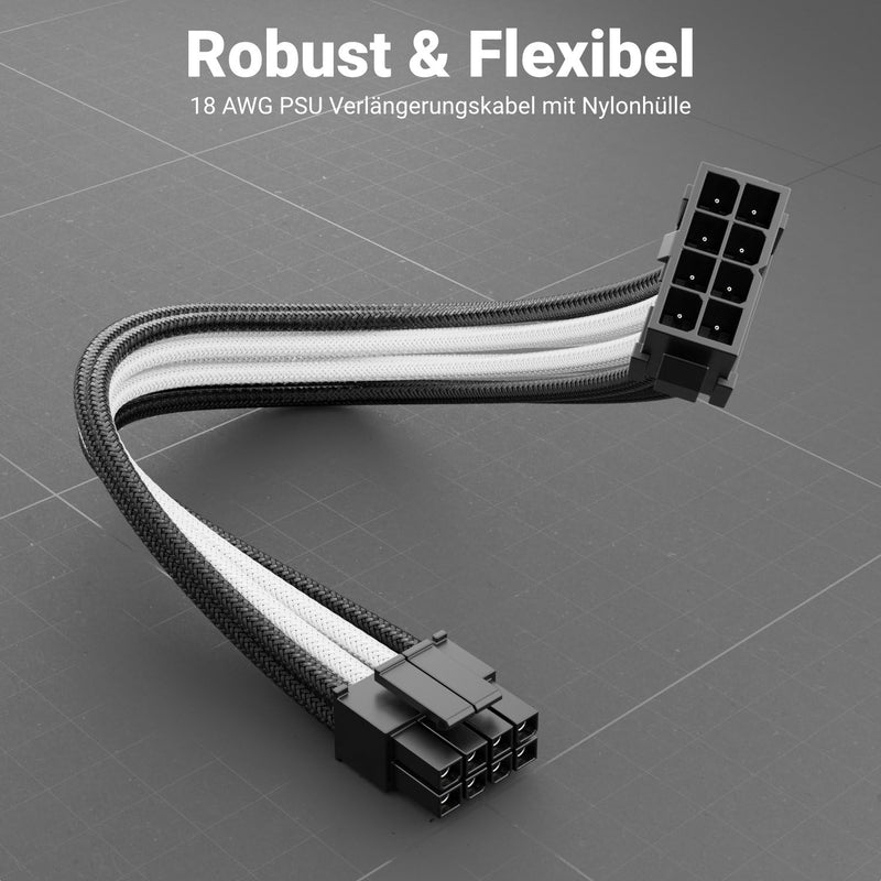 deleyCON Power Supply Cable Extension Set 30 cm 6-Piece Black White | Short 30 cm, for graphics card, PC, motherboard, ATX 24-pin, EPS 4+4-pin, PCIe 6+2-pin & 6-pin, power cable male to female