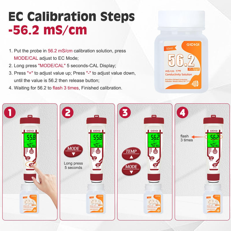 [Australia - AusPower] - Replacement pH Probe with 2 * 250ml pH 7.0 Buffer Solution for GIDIGI Simultaneously Display pH Meter, pH Electrode with 56.2mS/cm 35 PPT EC Calibration Solution and pH Storage Solution for GX-A05 