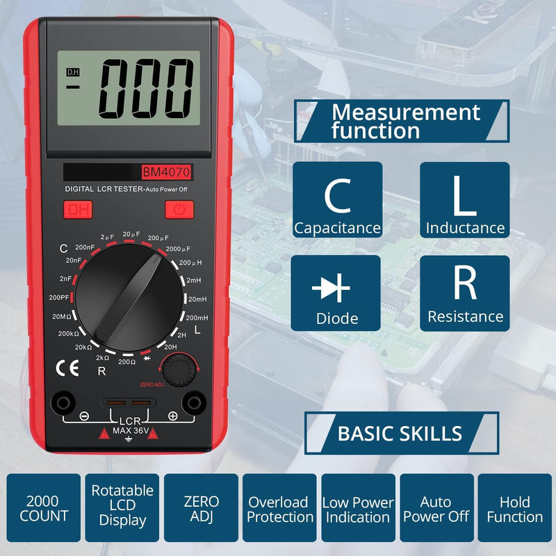 BM4070 LCR Meter Capacitance Inductance Resistance Self-Discharge Digital Instrument with LCD Display 1999 and Data Hold Function for Capacitance Resistance Inductance Measuring Meter