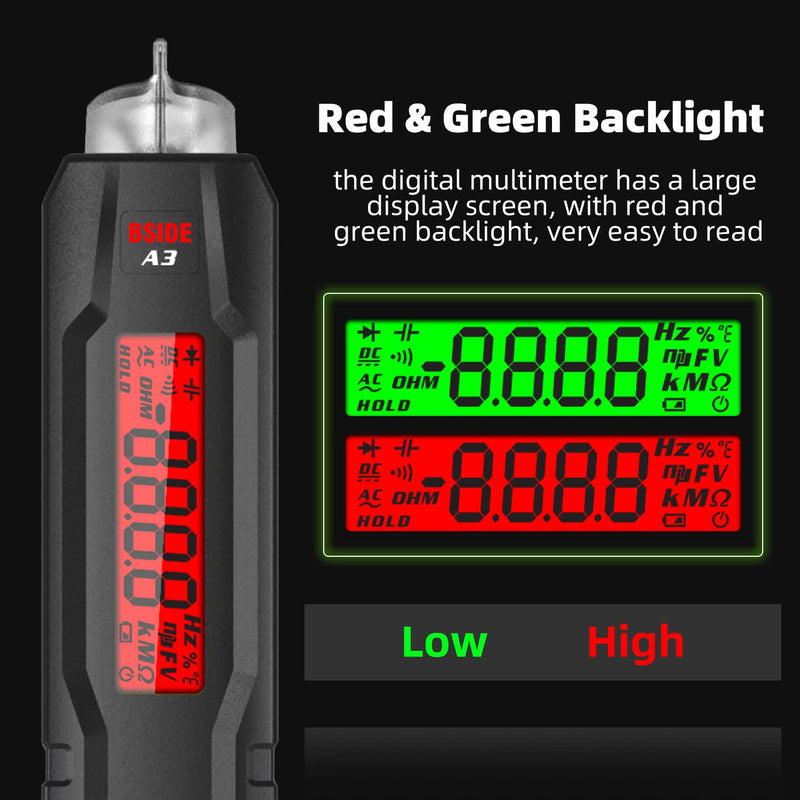 [Australia - AusPower] - BSIDE Voltage Tester Non Contact Voltage Detector Electrical Circuit Tester Pen, with Test Leads for Capacitance Diode Continuity Resistance Voltage Tester A3 