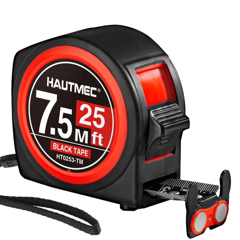 HAUTMEC Tape Measure25ft with Magnetic Hook and Dual Lock, High Carbon Steel Blade Measuring Tape with Clear Imperial Metric Scales for Construction Contractors HT0253 Pro 25ft