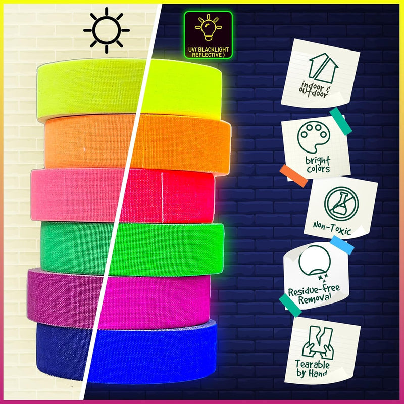 [Australia - AusPower] - 6-Pack Neon Gaffer Tape – 0.6 or 1 inch UV Blacklight Reactive Glow in The Dark Tape, Best for Parties, Dance Floors, Theaters & DIY Projects – 6 Vibrant Colors (0.6 inch x 15 feet) 0.6 inch x 15 feet 