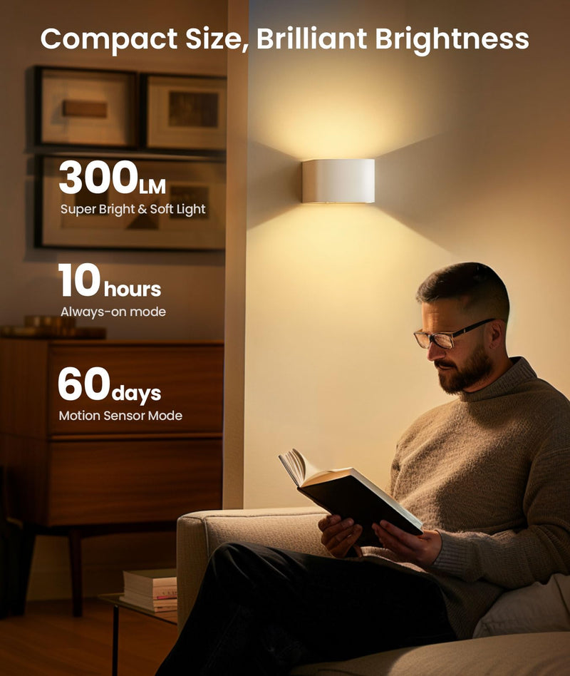FULEN Motion Sensor Wall Light with Remote Control 3 Colors Wireless Wall Sconces LED Indoor Up and Down Wall Lamp 5000mAh Rechargeable Battery Powered Wall Lamps Brightness Adjustable, White 2 Pack White - 2 Pack