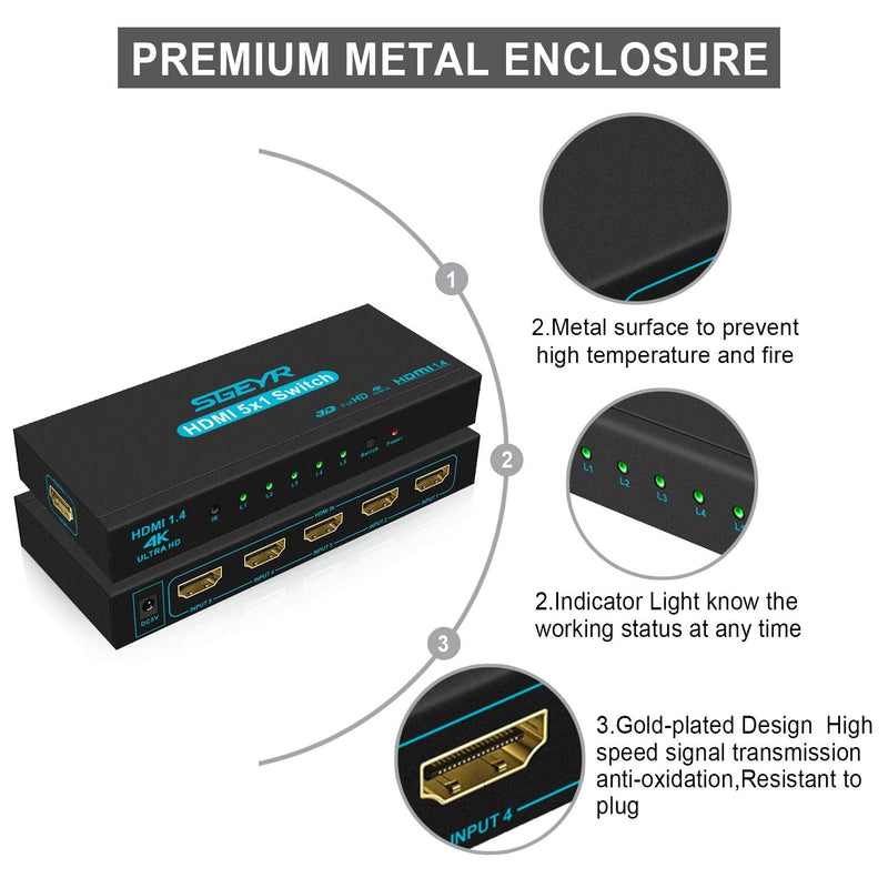 [Australia - AusPower] - HDMI Switch SGEYR 5x1 HDMI Switcher 5 in 1 Out HDMI Switch Selector 5 Port Box with IR Remote Control HDMI 1.4 HDCP 1.4 Support 4K@30Hz Ultra HD 3D 2160P 1080P Blue 