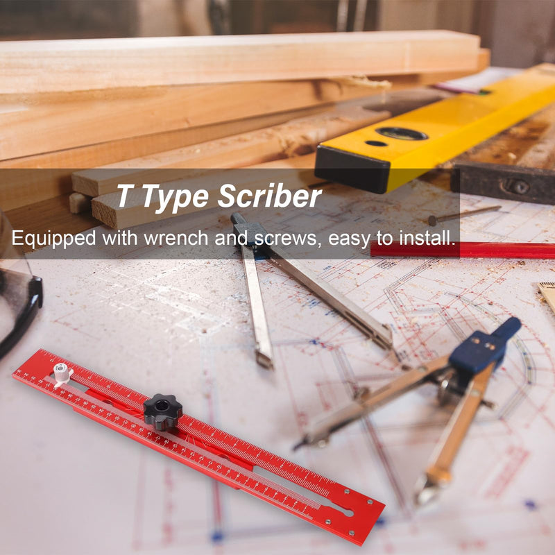 Woodworking Scriber Marking Line Ruler T Type Woodworking Ruler 16 inch Layout and Measuring Tools Precision Marking T-Ruler Positioning Scribing(Red)