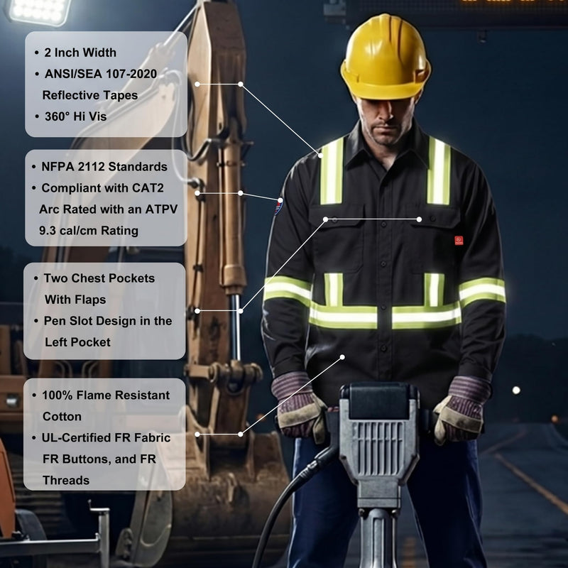 Hi Vis FR Shirt for Men 6.5oz Flame Resistant Class 3 Men's Reflective Safety Welding Shirts NFPA 2112/CAT2 Black Large