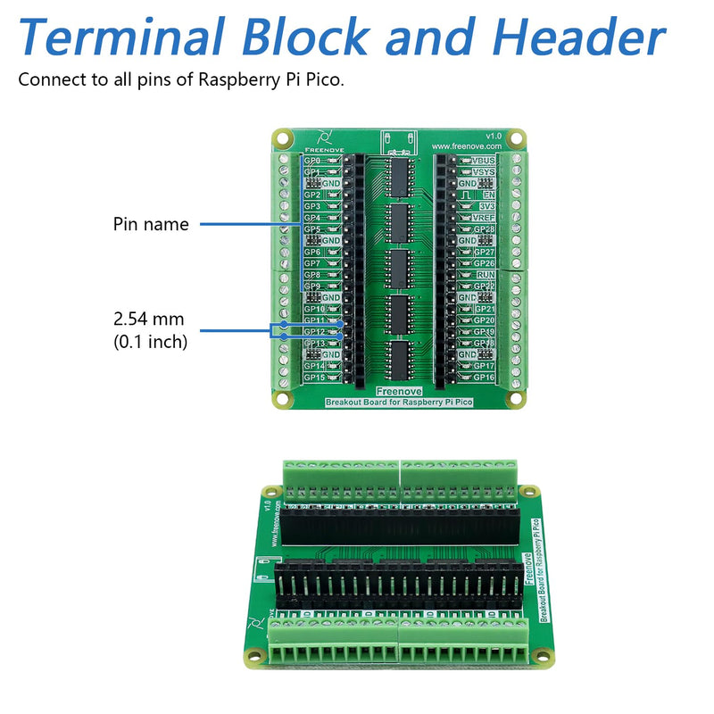 [Australia - AusPower] - Freenove Breakout Board for Raspberry Pi Pico 1 2 W H WH, Terminal Block Shield HAT with Pin Header, GPIO Status LED 