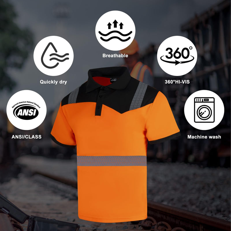 Hi Vis Safety Polo Shirts for Men 2 Pack Class 3 Reflective High Visibility Work Construction Short Sleeve T Shirts X-Large Orange