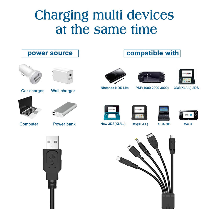 [Australia - AusPower] - Xahpower 5 in 1 USB Charger Cable for Nintendo DS Lite/Wii U/New 3DS XL,3DS XL,2DS,Dsi XL,NDS/GBA SP(Gameboy Advance sp),PSP 1000 2000 3000 