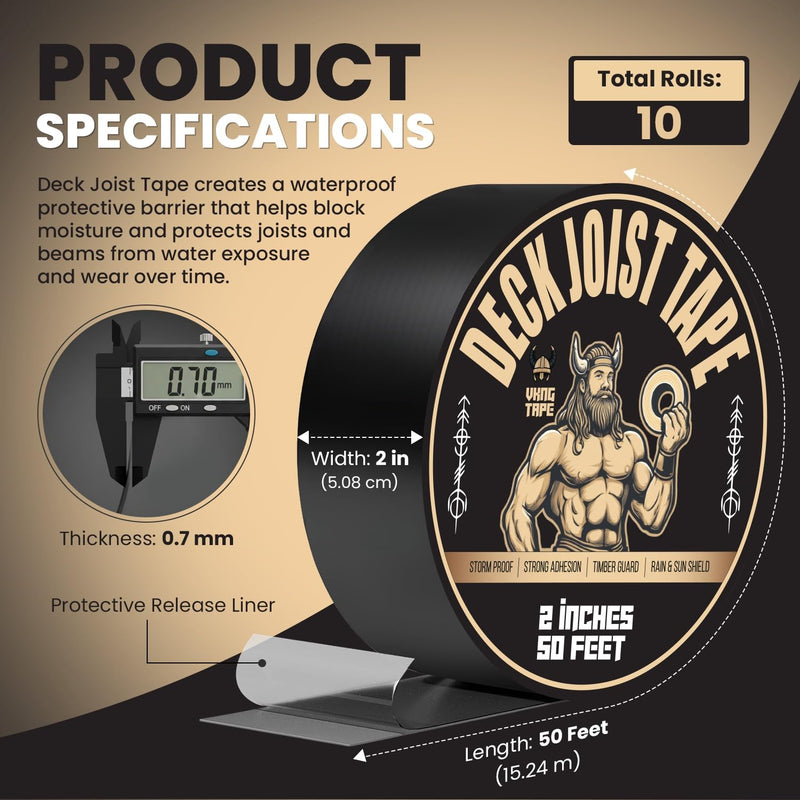 Viking Tape Deck Joist Butyl Tape – Waterproof Joist Protection, 2 Inches x 50 Feet, Strong Adhesion and Timber Guard for Outdoor Deck Builds (10) 10