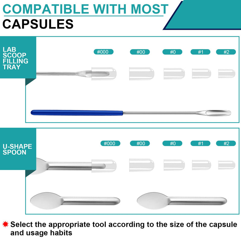 [Australia - AusPower] - 8 Piece Capsule Filling Machine Kits for Empty Pill Capsules Filler, Home & Lab Supplies - Micro Tiny Spoon Spatula, Lab Scoop Filling Tray, Herb Powder Tamper Tool, Gel Capsules Size #000 00 0 1 2 3 