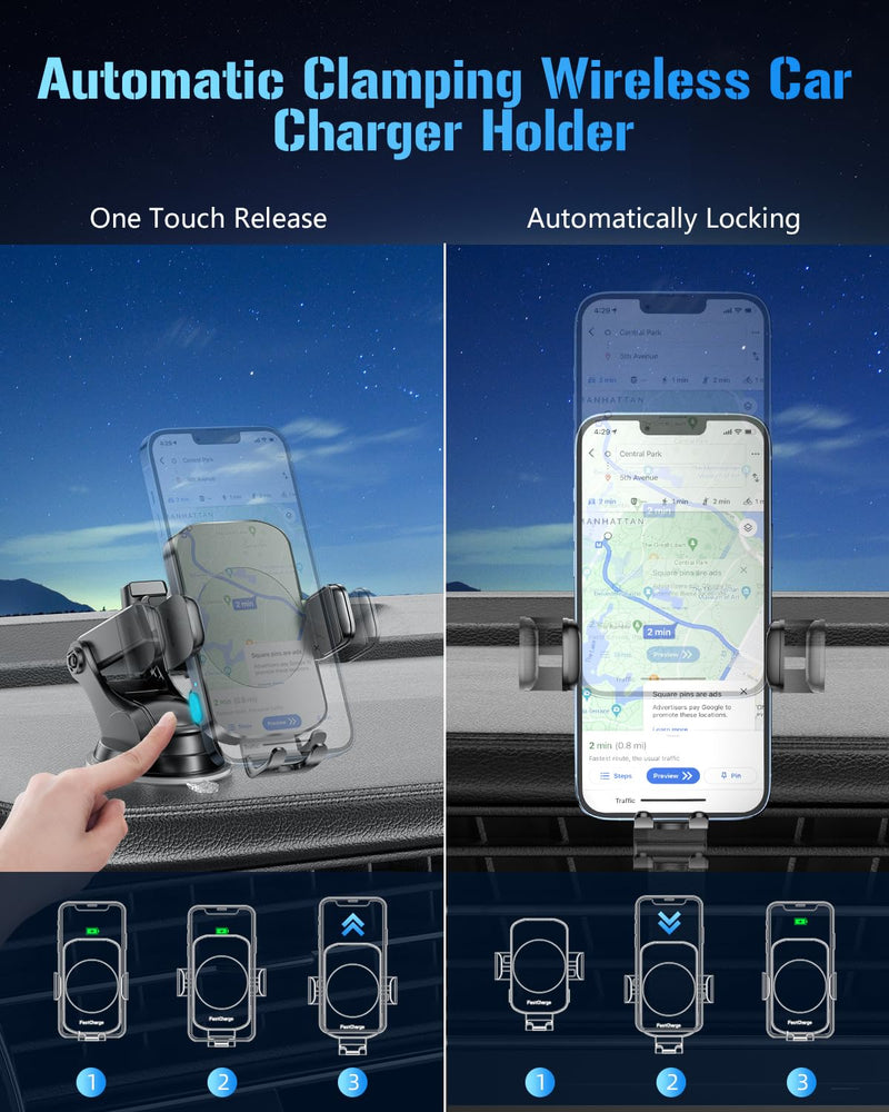 [Australia - AusPower] - Wireless Car Charger, Fast Charging Phone Holder BothLin 3 in 1 Phone Mount Auto Clamping Car Accessories Compatible with iPhone 15 14 13 12 11 Xs XR, Samsung S23 Ultra S22 S21 S20/S10+ S9+ Note 9 Black[Best Overall Performer] 