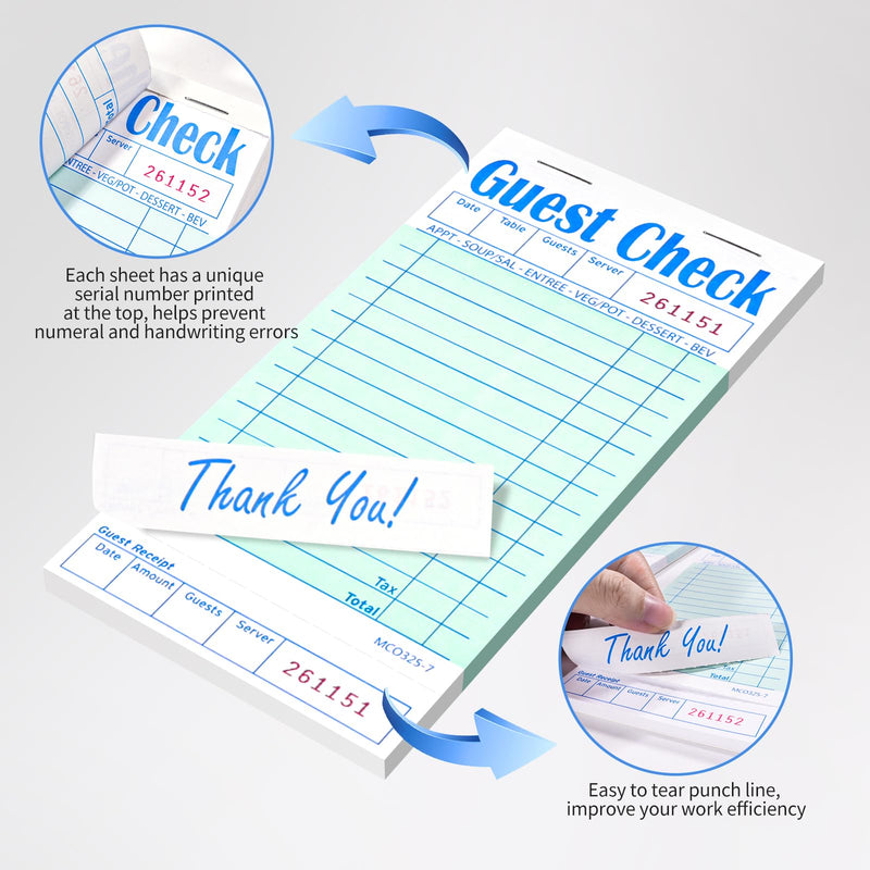 [Australia - AusPower] - 5 Pack Guest Check Books, Server Note Pads for Restaurant, Green Waiter Checkbook, Waitress Notepad, Food Receipt Book, Restaurant Order Pad 50 Sheets/Pack, 250 Total Tickets 