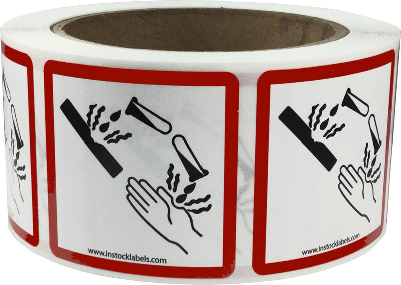 GHS Pictogram Labels Corrosion, 2 x 2 Inch Square Hazard Stickers, 500 Total Adhesive Labels on a Roll for Chemical Safety, OSHA Compliance, and Workplace Labeling – Made in the USA