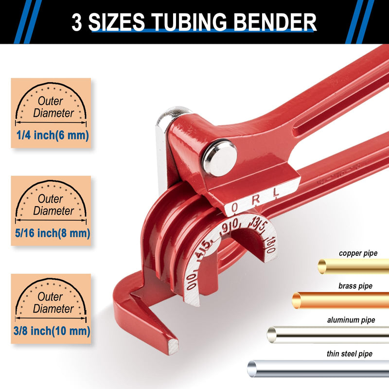 [Australia - AusPower] - 3 In 1 Tubing Bender, 0-180 Degrees Tube Bender Manual Pipe Bender Tool for 1/4 5/16 3/8 Inch Copper Aluminum Brass and Thin Steel Pipes(Red) 