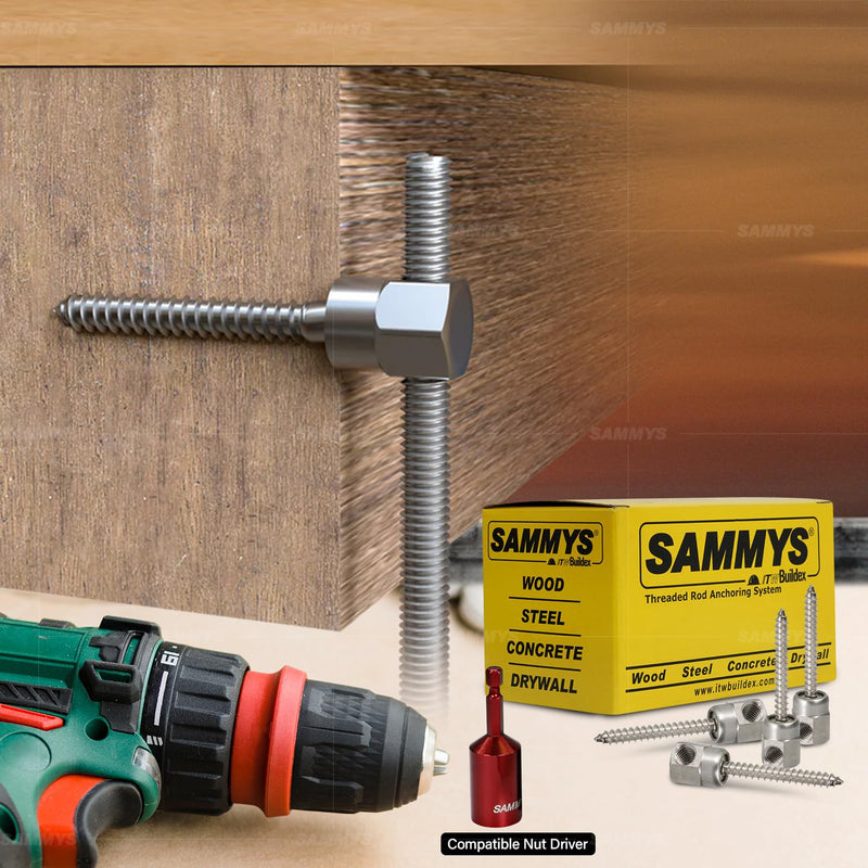 Sammys 8021957-25 1/4 x 2'' Horizontal Rod Anchor Super Screw with 3/8 in. Threaded Rod Fitting, for Wood (Pkg.=25) , Zinc 1/4 x 2"