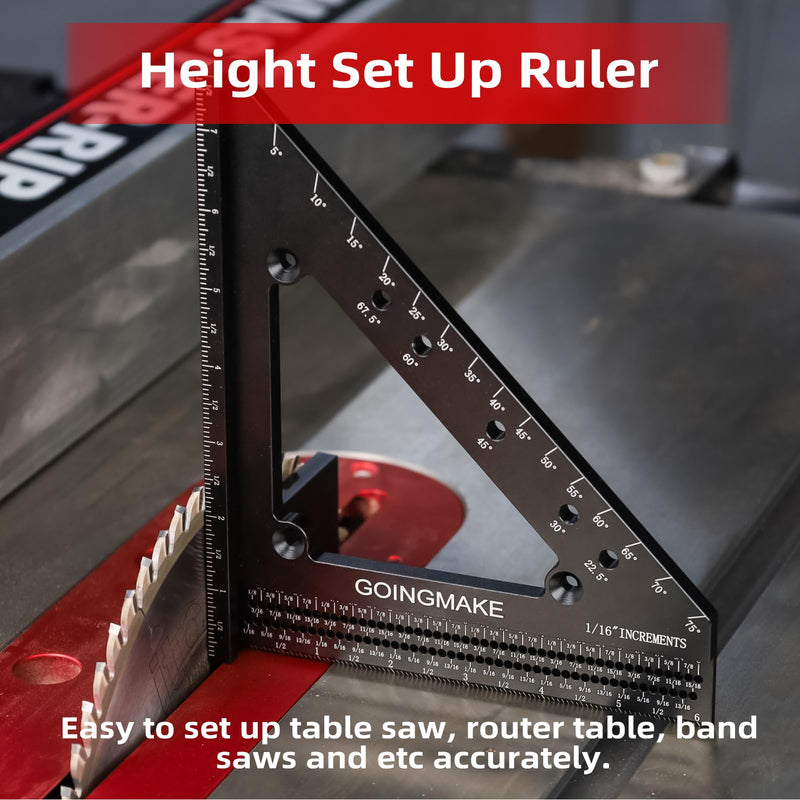 GOINGMAKE Big Carpenter Square 6x7.5 Inch Hole Scribing Ruler 3D Multi Angle Measuring Ruler 22.5-90 Degree Woodworking Square with Fixed Angle Pin 4 in 1 Square for Engineering and Construction