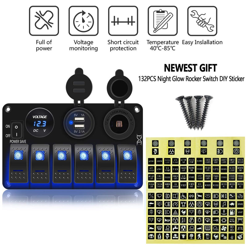 FXC Waterproof Marine Boat Rocker Switch Panel 6 Gang with 3.1A Dual USB Slot Socket + Cigarette Lighter +LED Voltmeter with Power-Save for Car Rv Vehicles Truck (6 Gang Blue LED)
