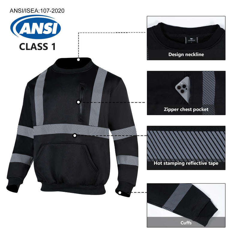 VENDACE Hi Vis Safety Sweatshirts for Men Reflective ANSI Class 3 High Visibility Construction Work Crew Sweatshirt No Hood Medium Black