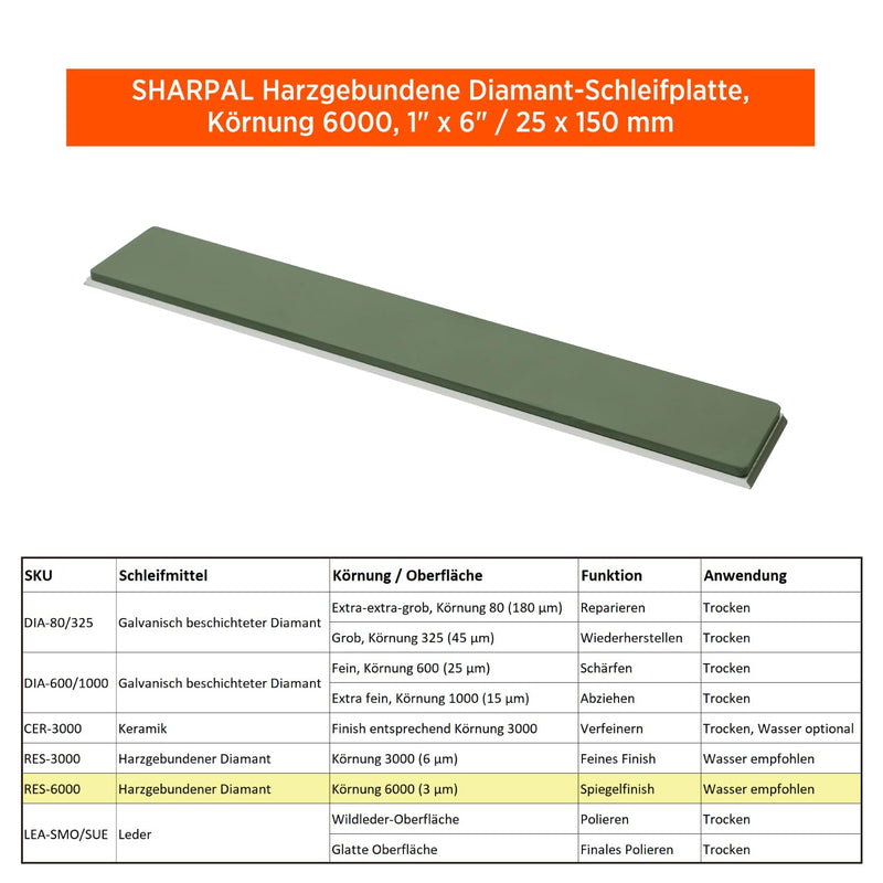 SHARPAL Resin Diamond Plate 6000, 1"x6"/150x25 mm | Full matrix diamond in resin bond for hard steels: wear-resistant, low clogging, even grain Resin bonded diamond 6000 grit