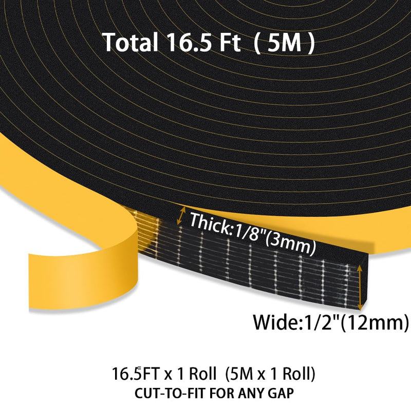 Foam Door Insulation Strip, 1/2In Wide x 1/8In Thick x 16.5Ft Black, Thin Foam Tape Weather Stripping, Dust Noise Reduction, Weatherproof, Energy Saving, Use for Narrow Gaps, Doors, Windows 1/2 in x 1/8 in x 16.5 Ft