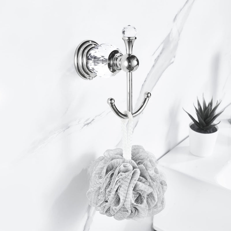BATHSIR Crystal Robe Hook, Polished Chrome Double Towel Hook for Bathroom, Wall Mounted Silver Coat Hook
