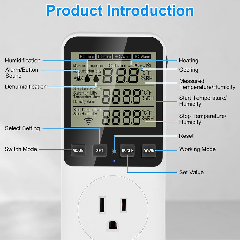 [Australia - AusPower] - Temperature and Humidity Controller Plug in Thermostat Outlet with Humidity Control 120V Heating Cooling Humidification Dehumidification for Greenhouse Mushroom Grow Tent Reptile Aquarium Htc820 