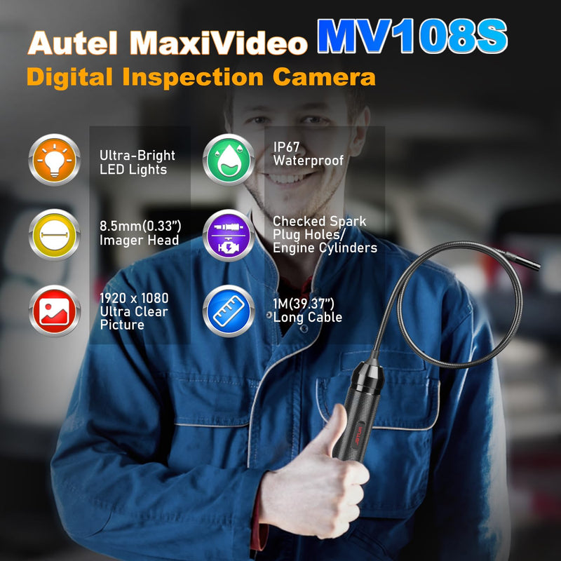 [Australia - AusPower] - Autel MaxiVideo MV108S Digital Inspection Camera, 2025 Upgrade MV108/ MV105S/ MV105, 2MP 1920x1080, IP67 Waterproof Industrial Endoscope, 39.37'' Flexible Snake Cable, Compatible w/Autel Scanner & PC 