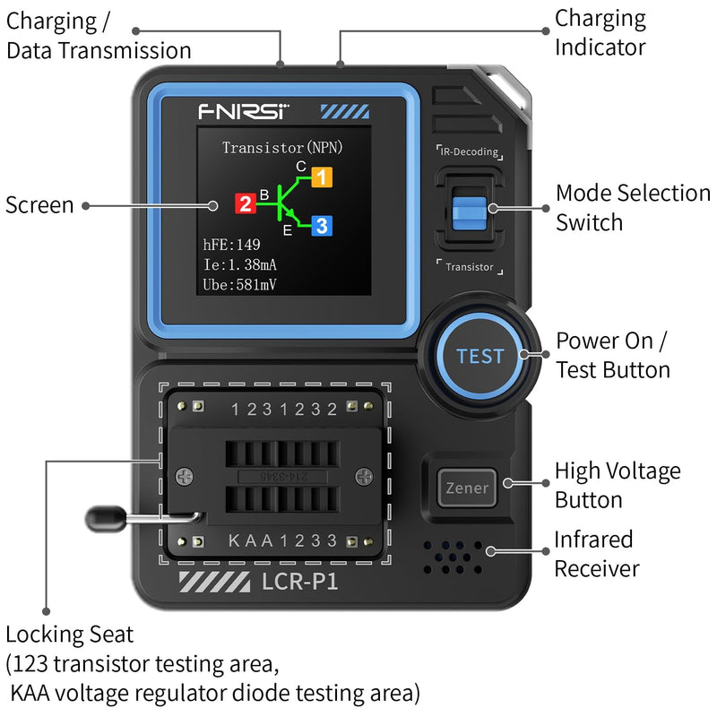 Transistor Tester, Multifunctional Portable SMD Component Tester Diodes Triodes Zener Diode Tester, Resistance Inductance Battery Tester, LCR Meter/MOS/PNP/NPN/ESR Meter