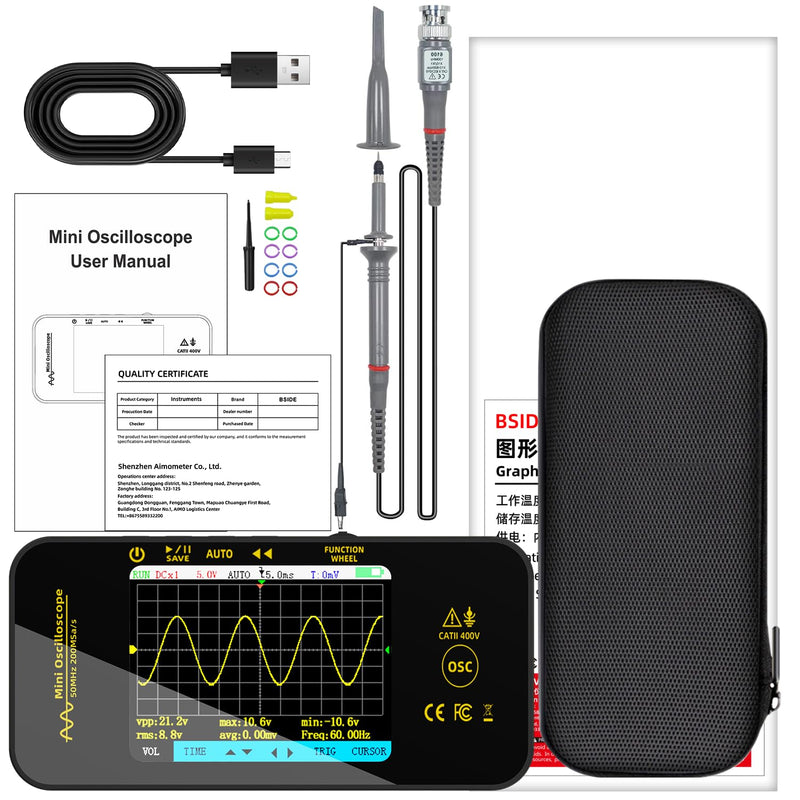 BSIDE OT5 Handheld Digital Oscilloscope Small Mini 50 MHz Bandwidth 200 MSa/s Sampling Portable Oscilloscope Rechargeable Ultra Slim with 3.2 Inch Full View Colour LCD for Car Audio Electronics