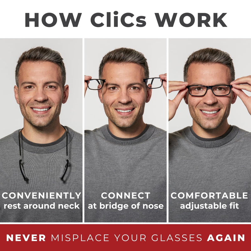 [Australia - AusPower] - Clic Magnetic Reading Glasses (Long Temples), Computer Readers, Replaceable Lens, Original Long, (M-L, Black, 2.50 Magnification) 2.5 x 