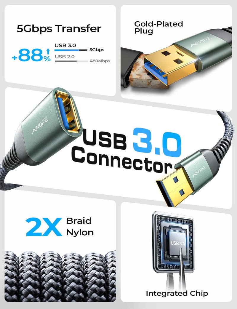 AINOPE Pack of 2 USB Extension Cable, USB 3.0, A-Male to A-Female Extension Cable with Elegant Aluminium Contacts, Nylon Fabric Casing, for Card Reader, Keyboard, Printer, Scanner | A male to A female with elegant aluminium connectors, nylon fabric jac...