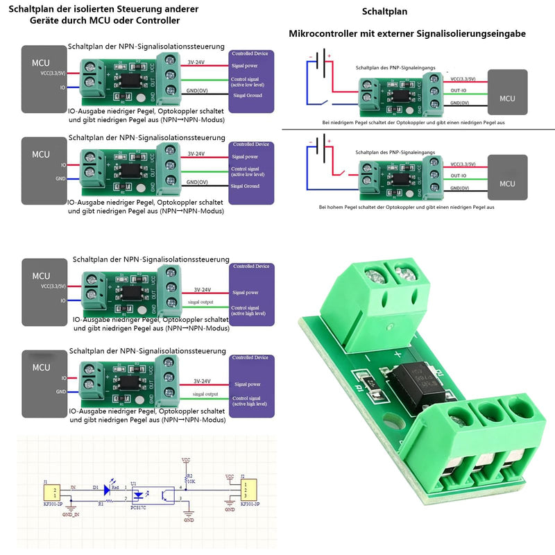 Optocoupler PC817 4 Pieces 1 Channel 3-5V | Signal transmission up to 5 kHz, compact design with screw terminals, for automation projects