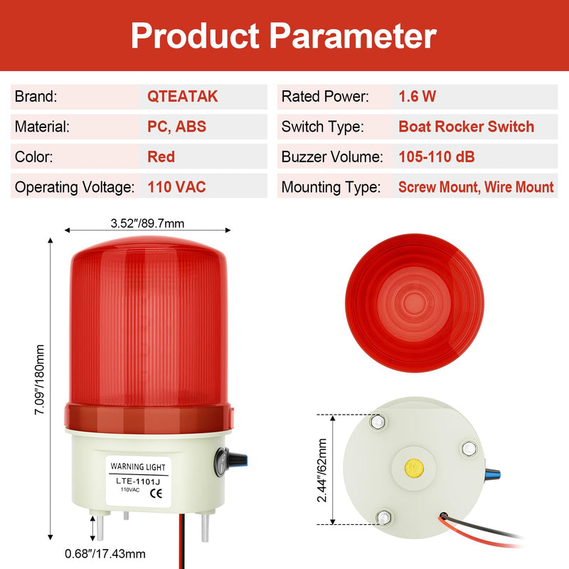 [Australia - AusPower] - Industrial LED Rotating Strobe Warning Light, 110 VAC Sound & Light Alarm with Knob and Switch, 105-110 dB Volume Adjustable, Red Emergency Alarm Light for Indoor/Outdoor Use 