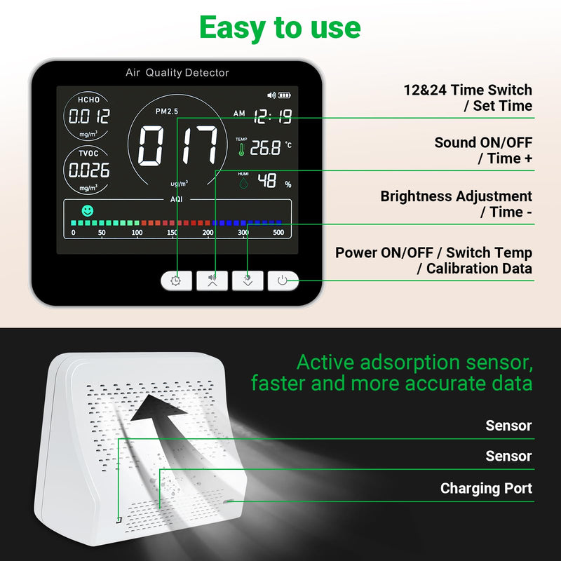 [Australia - AusPower] - BIBIRE 14-in-1 Air Quality Monitor Indoor with Beep Alarm, 6 AQI Air Detector with PM1.0|PM2.5|PM10|HCHO|TVOC|AQI|Temperature|Humidity|Time for Home, Hotel, Office, Car, Battery Powered 