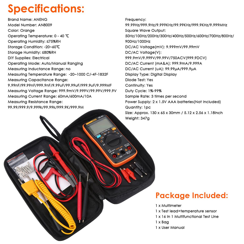[Australia - AusPower] - AN8009 Auto Ranging Digital Multimeters LED 9999 Count True RMS AC/DC Voltage HFE Electronic Meter Voltage Current Amp Resistance Diodes Continuity for Automotive 