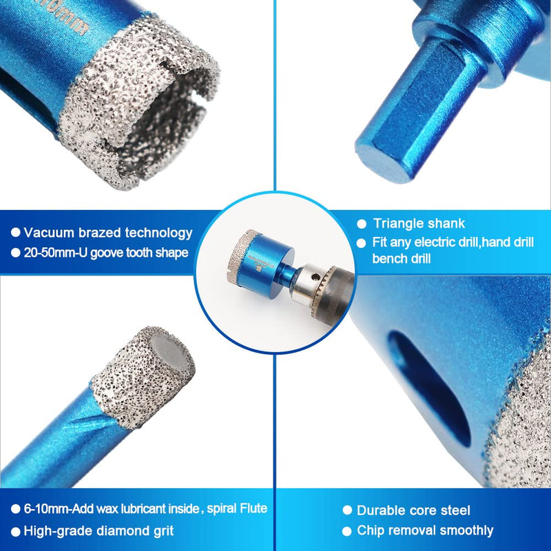 Diamond Core Drill Bit Set - 9pcs Hole Saw Kit for Porcelain Tile, Ceramic, Marble, Granite Drilling, 6/8/10/20/25/32/35/50mm Bits & 1 3/8" Chamfer Bit