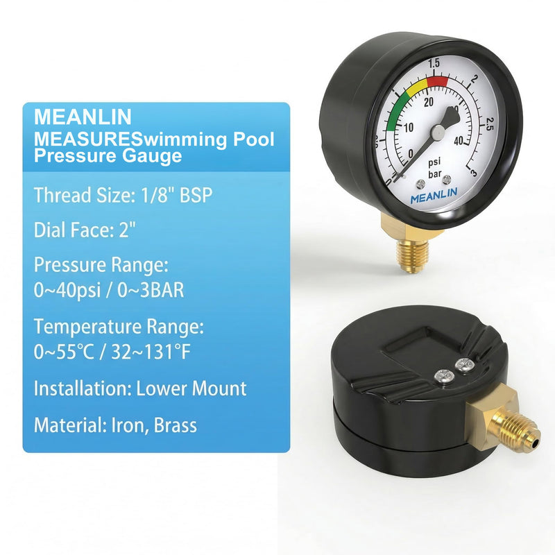 MEANLIN MEASURE 0~3Bar/0~40Psi Swimming Pool Pressure Gauge, 1/8 Inch BSP 2 Inch Face Dial for Pools, Hot Tubs, Fish Ponds, with 1/4 Inch BSP and 3/8 Inch BSP Hex Socket, Bottom Mounting 1/8"BSP Bottom mounted