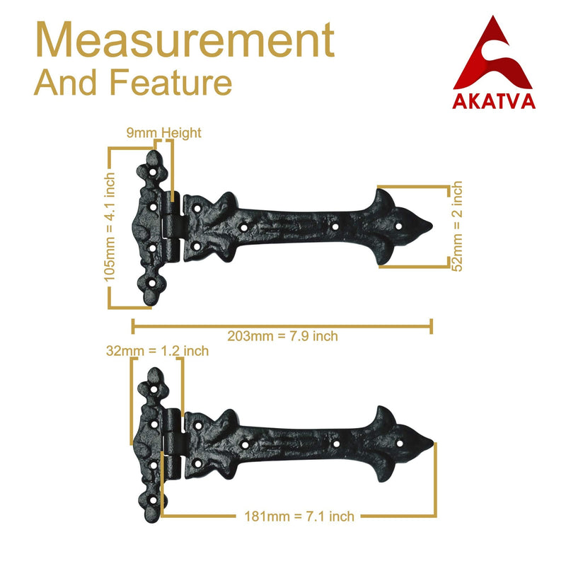 Akatva T Hinge Set - 2 Pieces Gate Hinges for Wooden Fences Heavy Duty - Barn Hinges for Doors - Black Hinges – Hinges for Shed Door - Door Hinges Black Matte - Hinges Outdoor - Fence Strap Hinge Set 2 Pieces Set