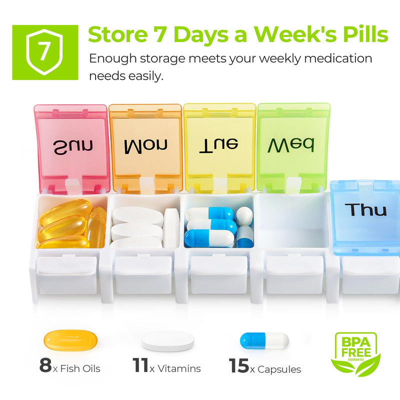 [Australia - AusPower] - AUVON Weekly Pill Organizer Arthritis Friendly, BPA Free Travel 7 Day Pill Box Case with Spring Open Design and Large Compartment to Hold Vitamins, Cod Liver Oil, Supplements and Medication Cream White 