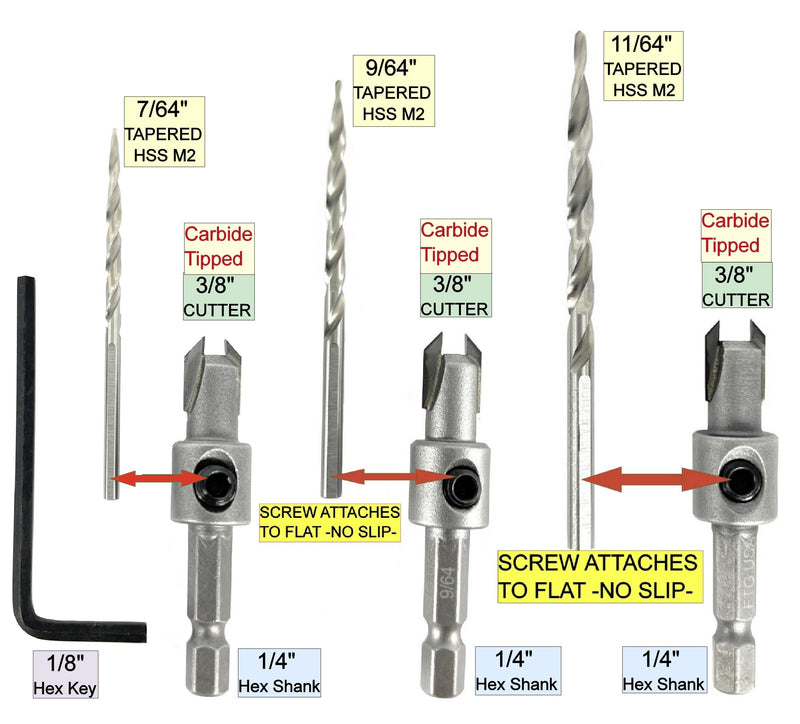 FTG USA 3 Pc #4#6#8 TCT Tapered Bit Wood Countersink Set, Standard Flute | Premium tungsten carbide tipped (TCT) cutter set for clean woodworking. Includes sharp tapered drill bits and an Allen wrench Standard Flute w/o Depth Stop