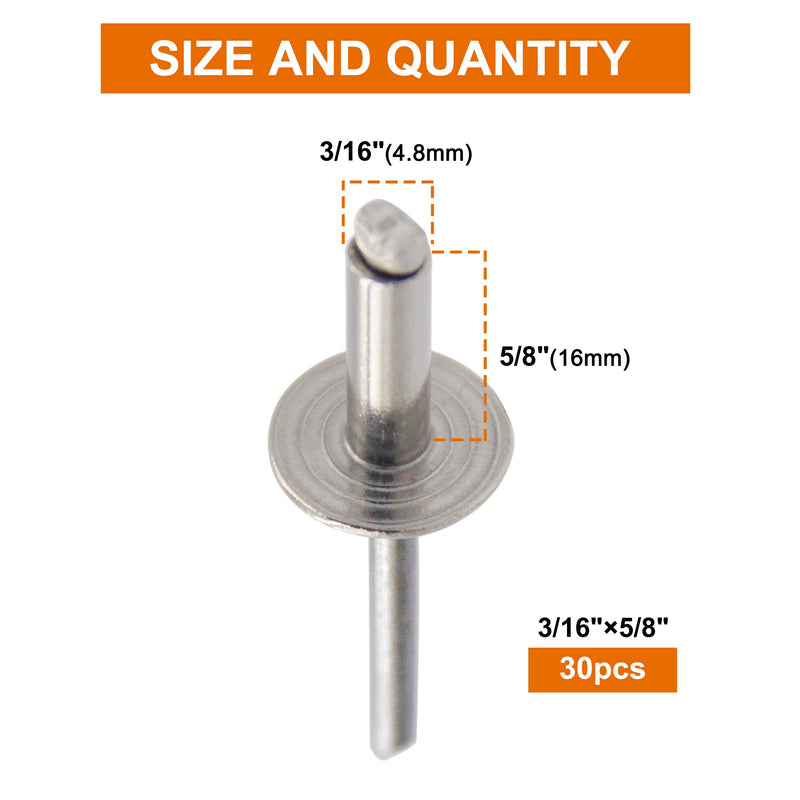 ISPINNER 30pcs 3/16" x 5/8" Stainless Steel Large Flange Blind Rivets, 4.8 x 16mm Pop Rivets 30 3/16" x 5/8"