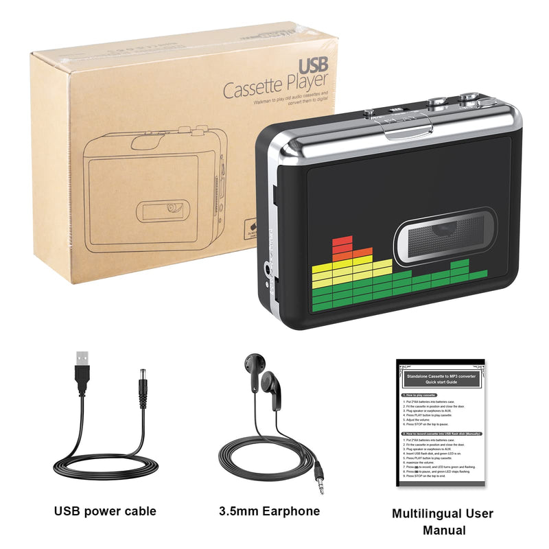 [Australia - AusPower] - DIGITNOW USB Cassette Player, Portable Walkman Stereo Tape to MP3 Converter, Audio Music Recorder to MP3 Digital File Converter with Earphones, No PC Required, Black, BR607 