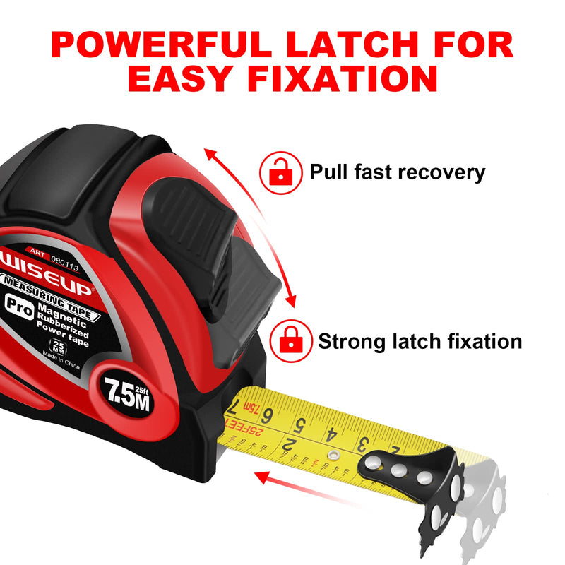 WISEUP Industrial Magnetic Tape Measure with Fractions 1/8 and Metric,Easy to Read,Measuring Tape with Belt Clip for Surveyors,Engineers,Household,Carpentry,Construction (1, 16 FT) (25 FT*2) 25 FT*2