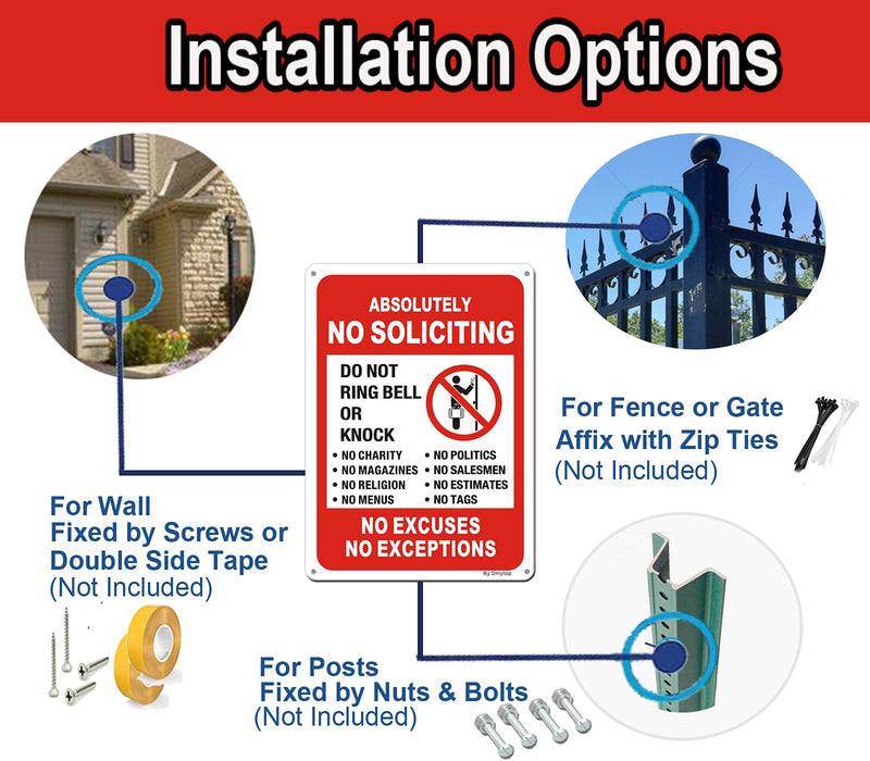 [Australia - AusPower] - 2 Pack Absolutely No Soliciting Yard Sign for House -10" x 7" No Excuses No Exceptions Do Not Ring Bell No Knock Metal Sign for Front Door，UV Protectd Rust & Fade Resistant 10" x 7" 