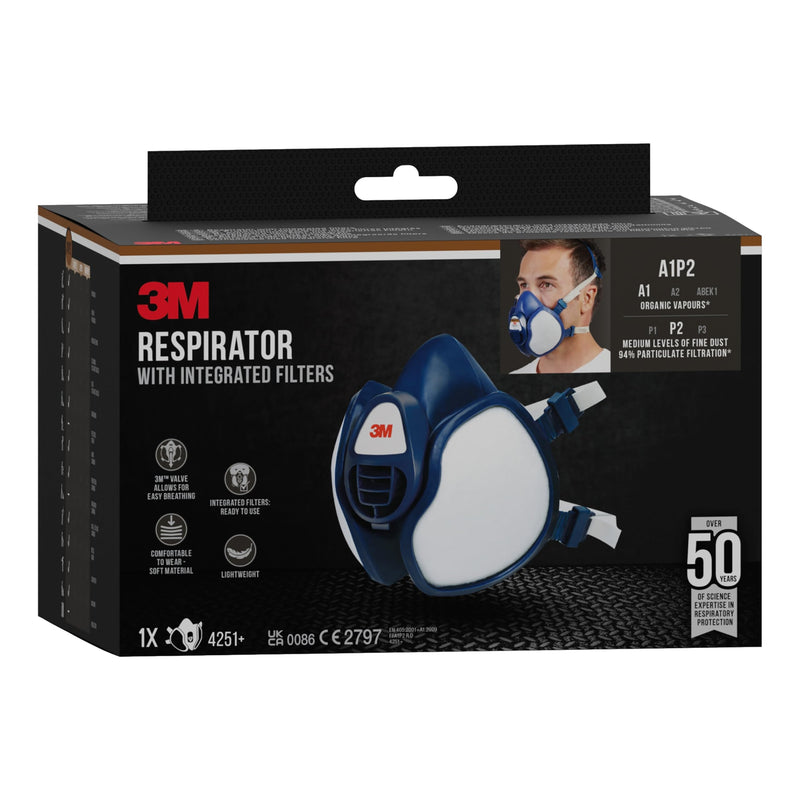 3M 4251C Half-Mask Respirator for Spray Painting / Machine Sanding Protection Level A1P2 / Ready for Use / Low Breathing Resistance / Especially Lightweight | Ready-to-use half mask for painting and sanding with comfortable fit, wide field of vision an...